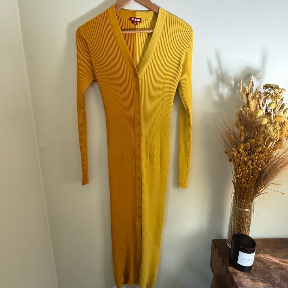 STAUD XL Mustard Long Sleeve Ribbed Dress